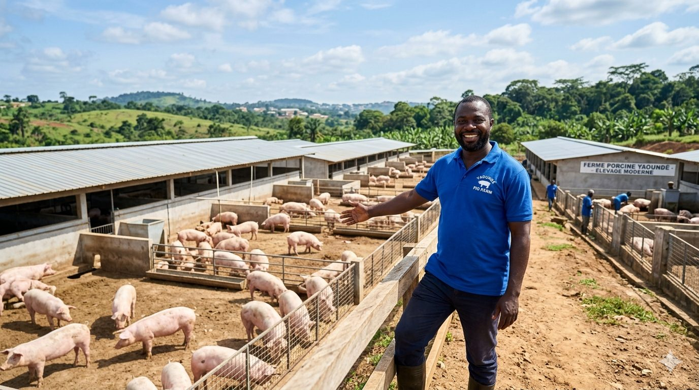 Éleveur camerounais présentant sa ferme porcine moderne, sur les hauteurs de l'Ouest
